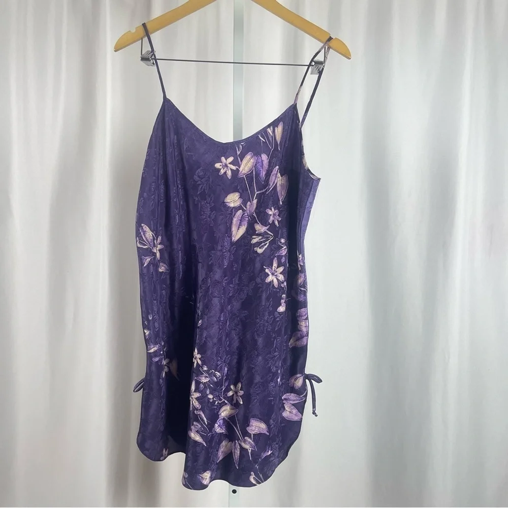 California Dynasty Vintage Large Floral Satin Bow Side Slit Chemise Slip Dress